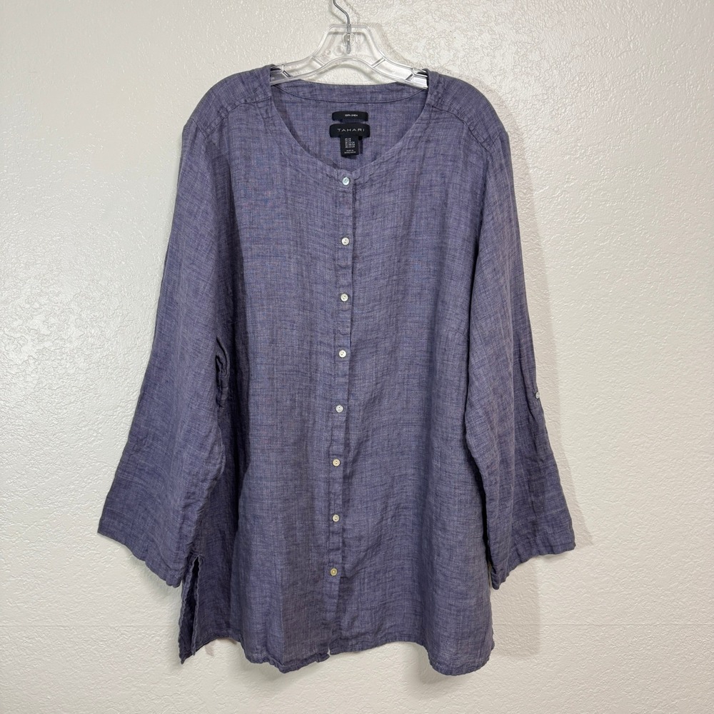 Tahari Shirt Womens 2X Blue Linen Tunic Button Down Roll Tab Sleeve Lagenlook